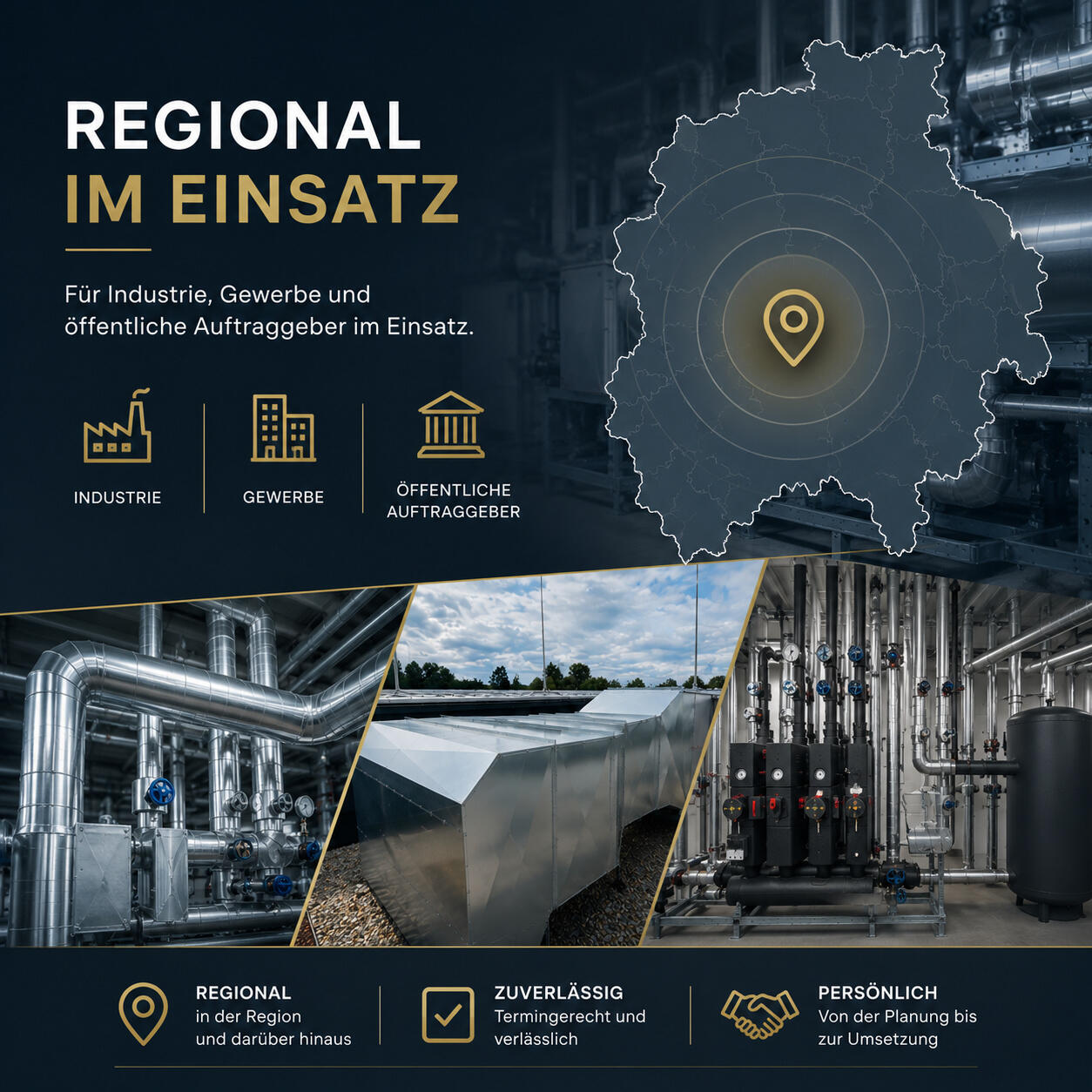 Grafik mit Industrieanlagen, Blechverkleidungen und einer stilisierten Deutschlandkarte als Symbol für den regionalen Einsatz von RMQ Isoliertechnik. Das Unternehmen betreut Projekte für Industrie, Gewerbe und öffentliche Auftraggeber zuverlässig und termi