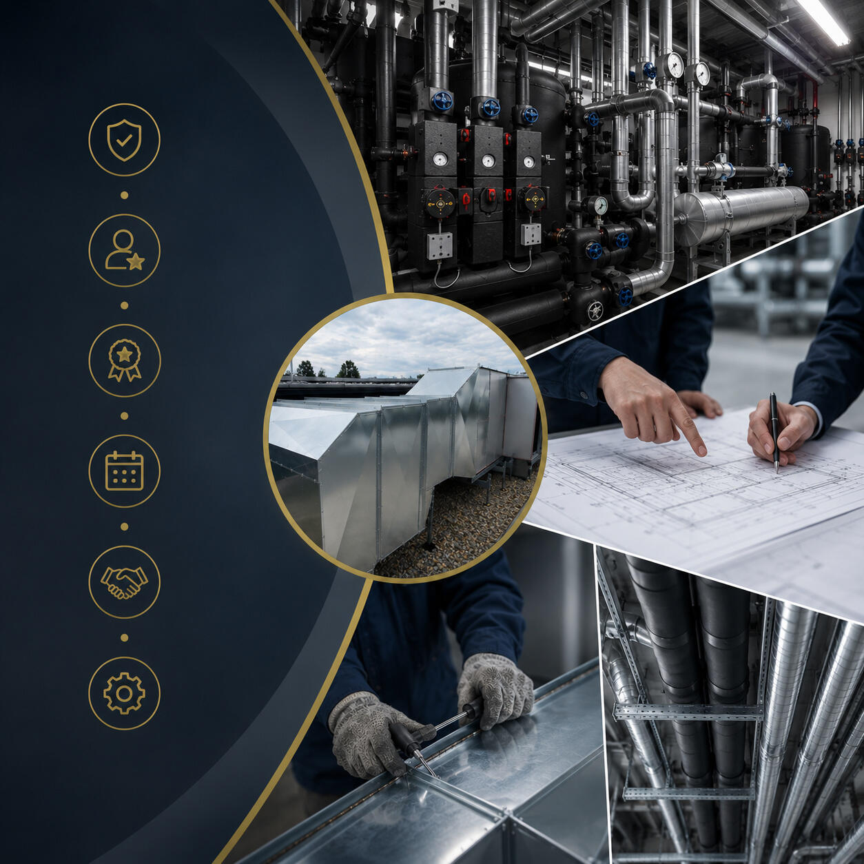 Moderne Industrie-Collage mit professioneller Isoliertechnik, Blechbearbeitung, Anlagenplanung und technischen Installationen. Die Grafik steht für Qualität, langjährige Erfahrung und präzise Projektumsetzung im Bereich Wärme-, Kälte-, Schall- und Brandsch
