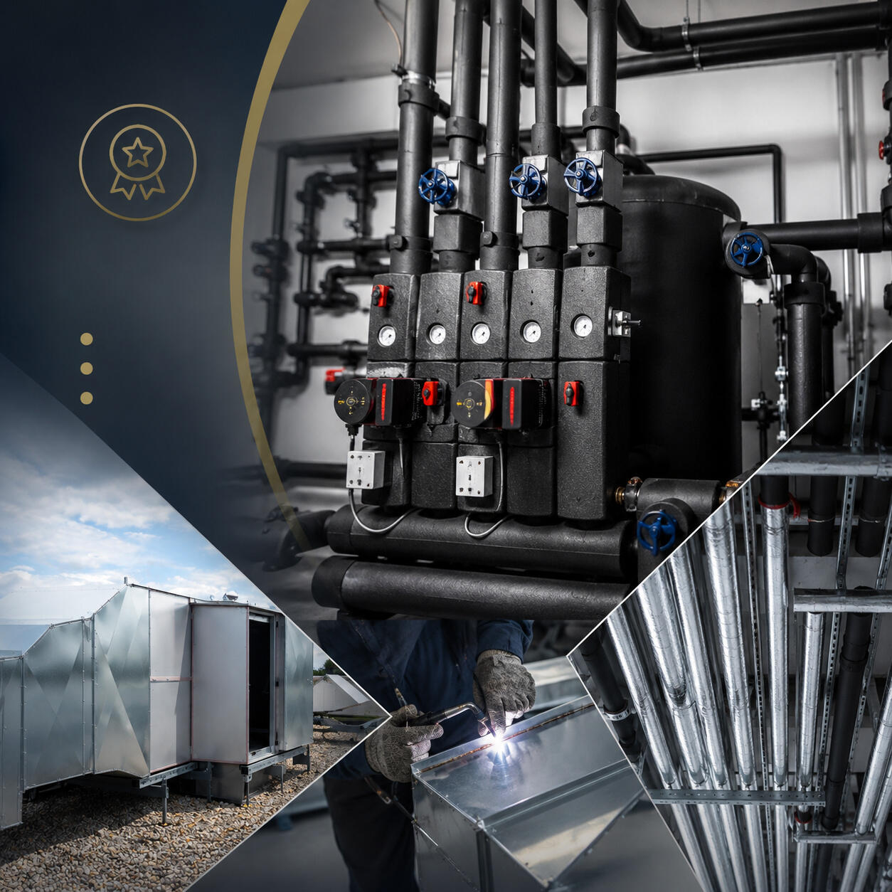 Collage mit Projekten von RMQ Isoliertechnik: gedämmte Rohrleitungen, maßgefertigte Blechverkleidungen, industrielle Anlagentechnik und präzise Metallbearbeitung für Wärme-, Kälte-, Schall- und Brandschutz.